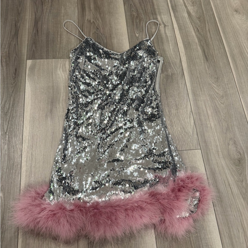 Silver Sequin Nightdress with Pink Trim